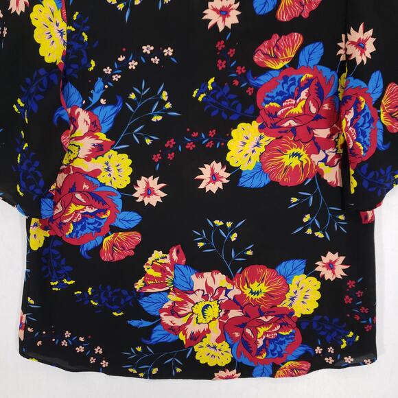 Violet & Claire Blouse Women Medium Black MultiFloral Ruffle Sleeve Keyhole Back - Picture 3 of 12